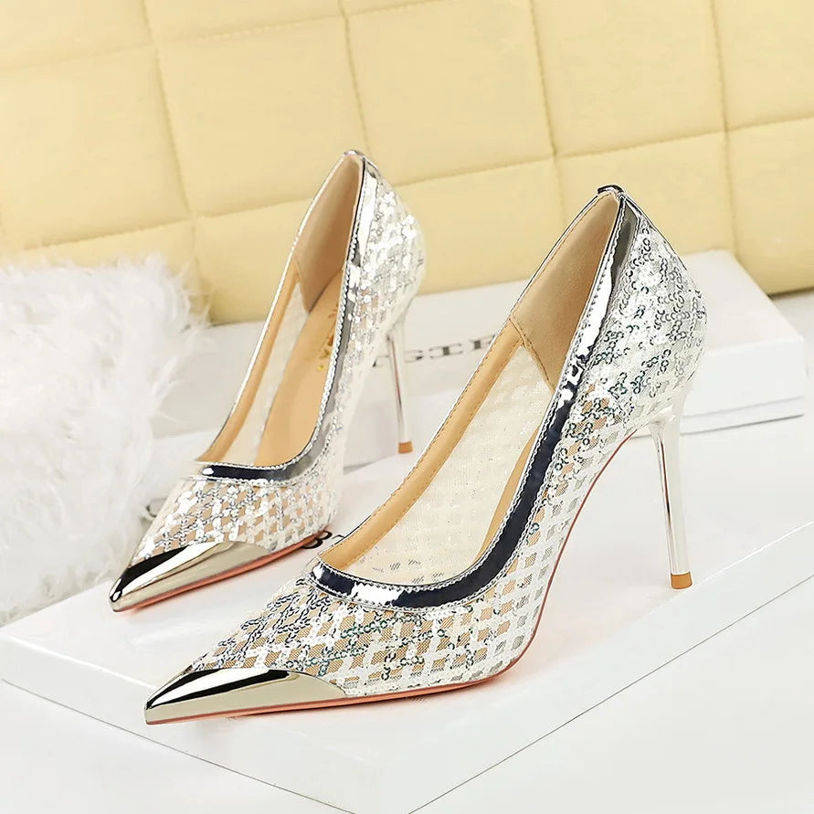 BIGTREE 2026 Fashion Metal Decoration Mesh Hollow Pointed Toe Woman Pumps Thin Heels Party Ladies Shoes Zapatillas De Mujer
