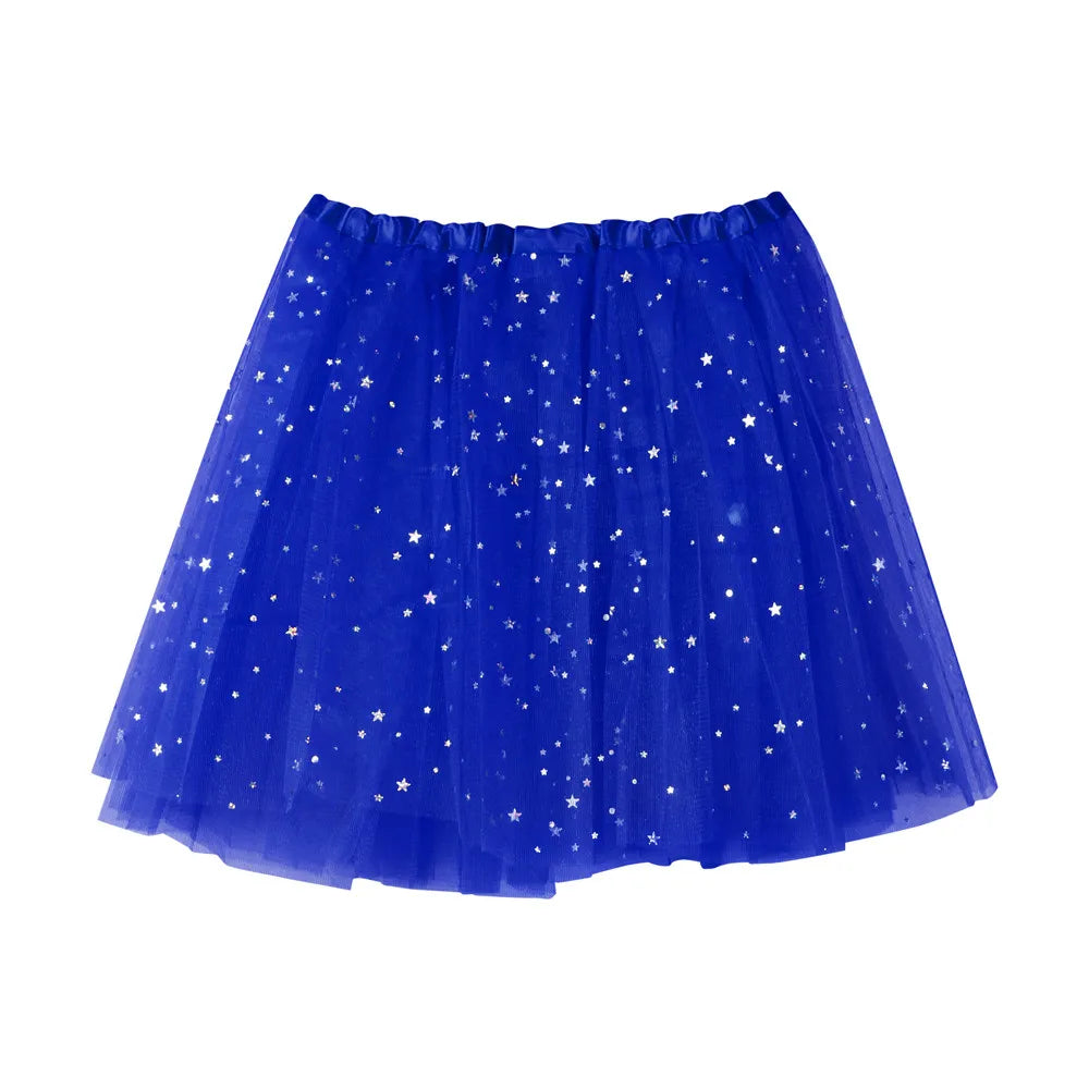 Womens Summer New Tulle Tutu Skirt Elastic Waist Silver Star Print Layered Mesh Mini Skirt Fluffy Carnival Party Dance Skirts