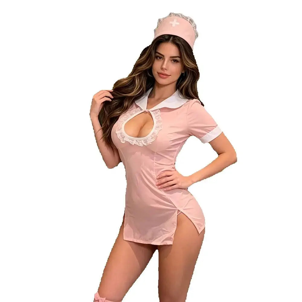 Pink Nurse Lingeries Cosplay Costume Lace Trim Hollow Out Dress with Hat Erotic Role Play Outfits for Women Halloween Nightwear