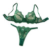 Women Floral Eyelash Lace Bra & Thong Set Sheer Mesh Underwire Green Intimate Lingerie Wear ZA826333