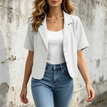 Women Cropped Short Sleeve Blazer Jacket Lapel Collar Buttons Loose Solid Suit Coat Summer Casual Office Outerwear With Pocket