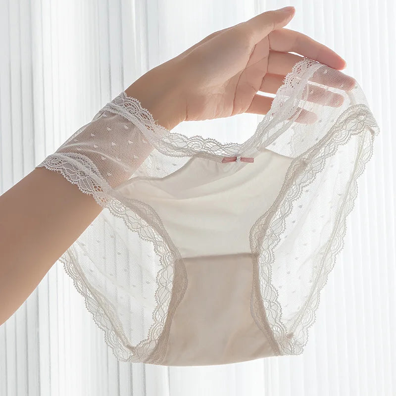 3PCS Seamless Panties Ice Silk Lace Perspective Briefs Ultra Thin Breathable Underwear Cool Summer Female Sexy Lingerie L-XL