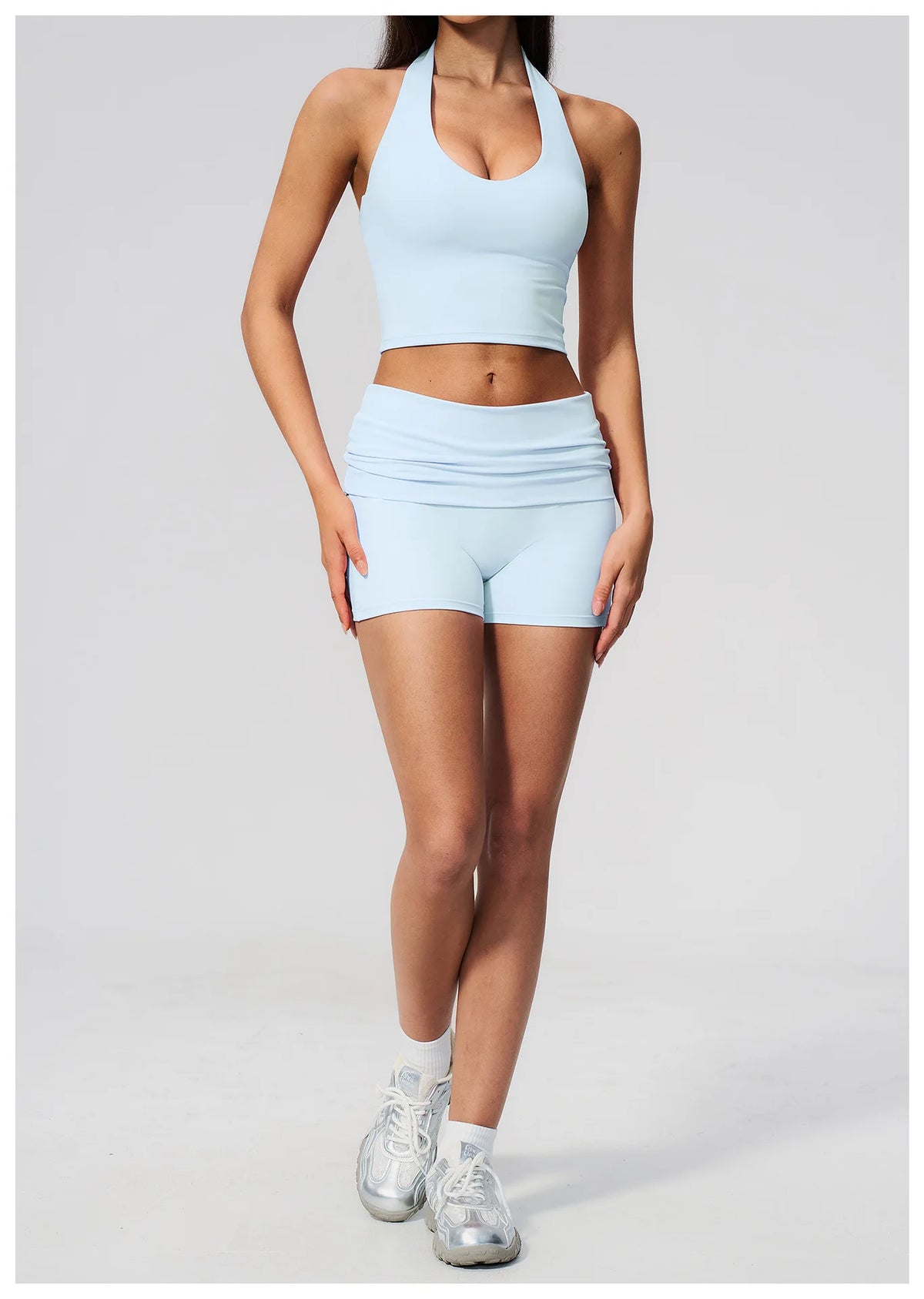 2PCS Yoga Set Women V-neck Cross Neck Shock-absorbing Sports Vest Workout Pleate Flip High Waist Shorts Gym Runing Fitness Suits