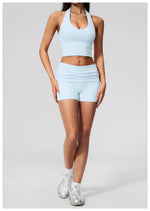 2PCS Yoga Set Women V-neck Cross Neck Shock-absorbing Sports Vest Workout Pleate Flip High Waist Shorts Gym Runing Fitness Suits