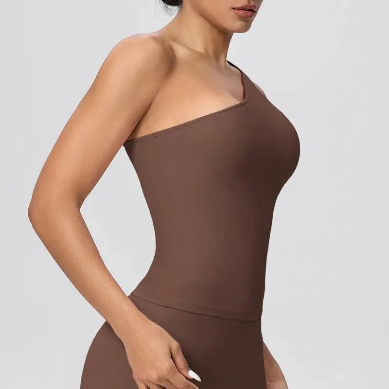 Women Seamless Cloud Feel One-Shoulder Waist-Cinching Yoga Vest Quick-Dry Slimming Sports Shaping Underwear Running Fitness Top