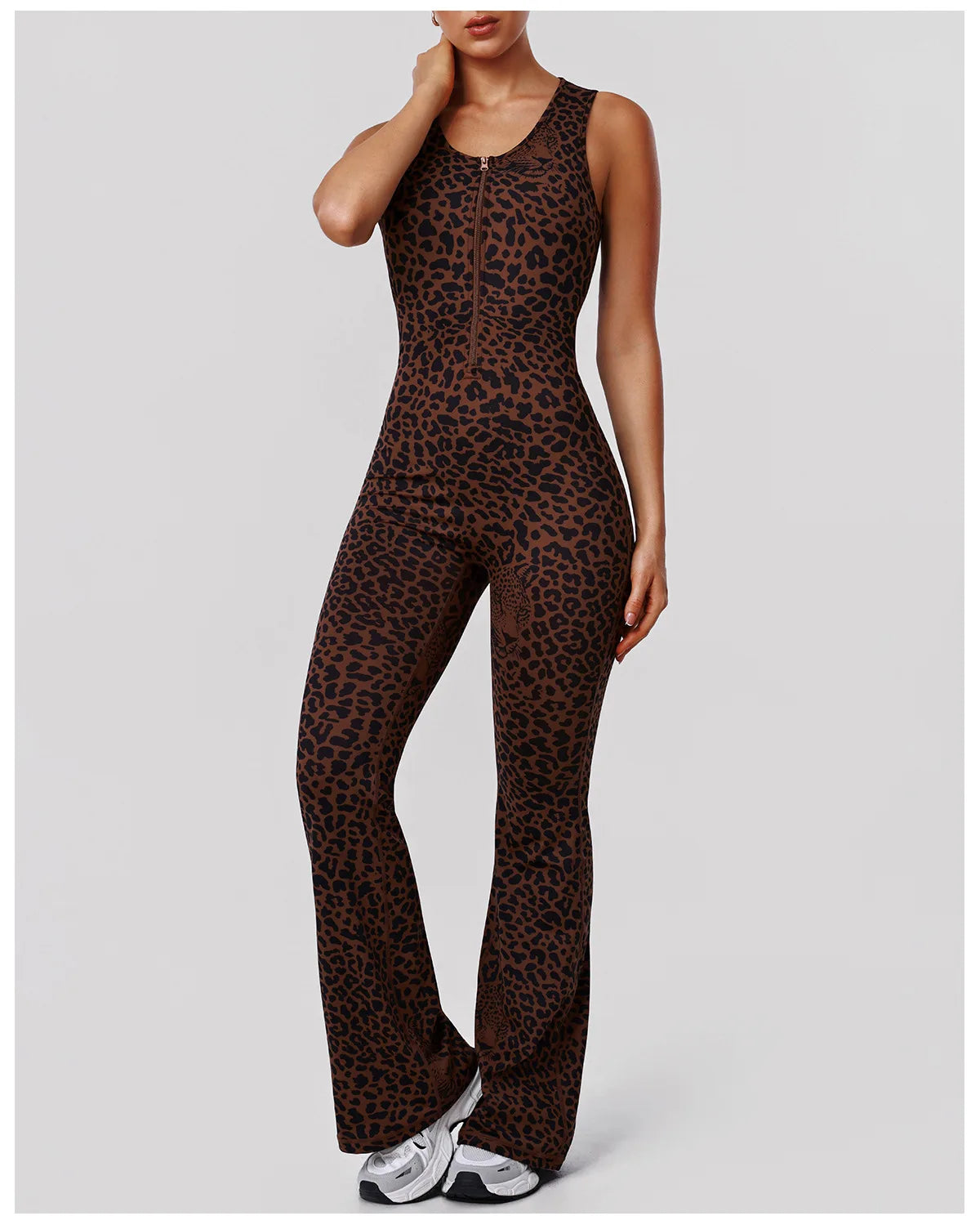 Sexy Brown Leopard Print Yoga Jumpsuit Women Hollow Out Backless Sleeveless Slim Gym Running One Piece Flare Pants Sports Suit