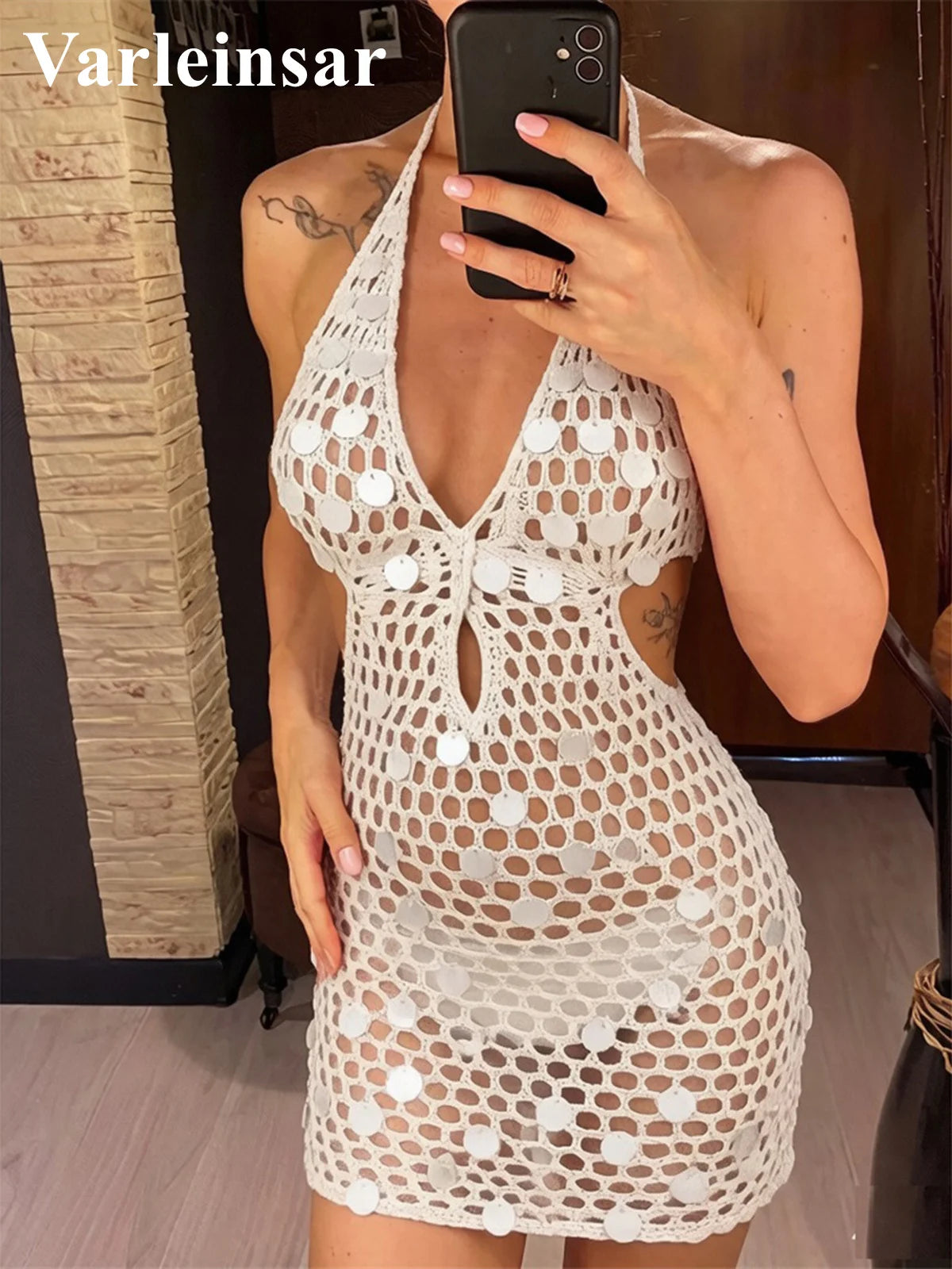 Halter Backless Hollow Out Crochet Knitted Tunic Beach Cover Up Cover-ups Beach Dress Beach Wear Beachwear Female Women V8336