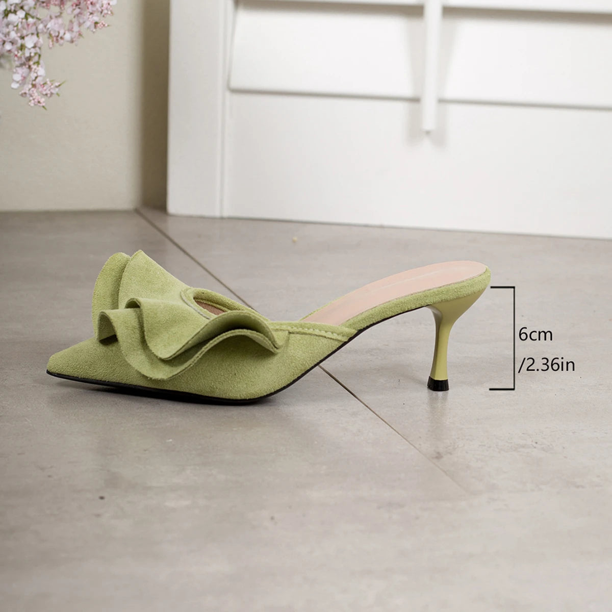 Women Pointed Toe Suede Ruffle Pleated Flare Cup Heel Slide Mules Slip‑On Party Dress Heeled Sandals Multi‑Color