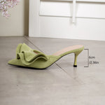 Women Pointed Toe Suede Ruffle Pleated Flare Cup Heel Slide Mules Slip‑On Party Dress Heeled Sandals Multi‑Color