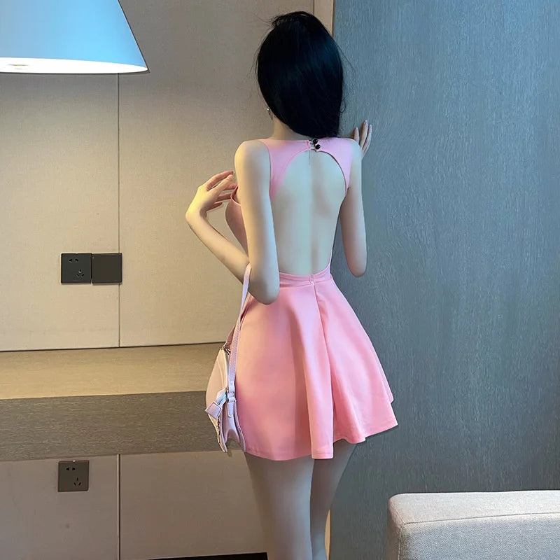 Women's 2023 Summer New Sexy Spicy Girl Fashion V-neck Sleeveless Backless Open Breast A-line Ultra Short Solid Sweet Dress 0U1N