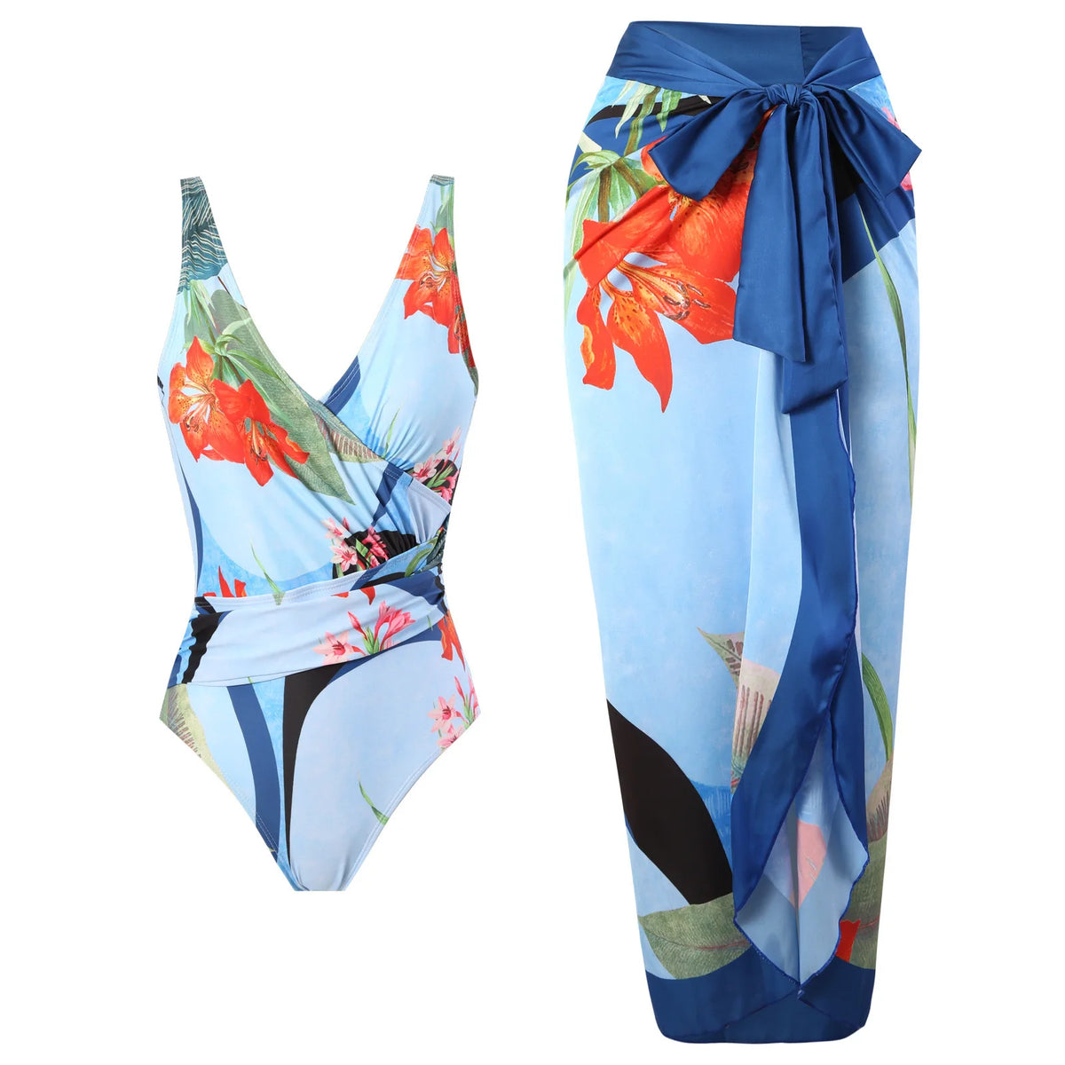 2 Pieces Retro Printed Swimsuit With Cover Up Sexy Women Swimwear 2025 V Neck Bikinis Female Biquini 3XL Bodysuit Beachwear