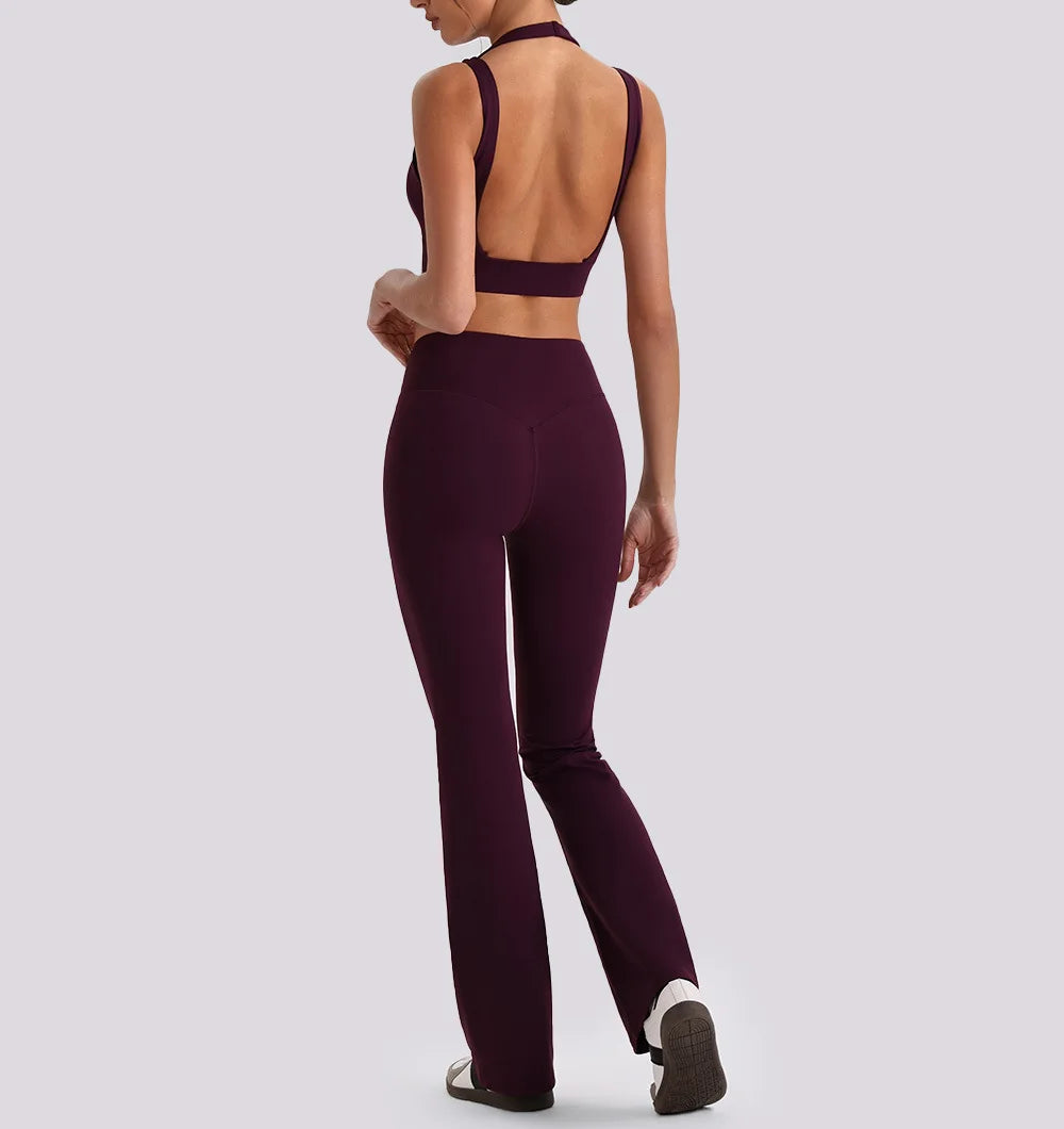 Women's Yoga Exercise Sets Women Backless Sports Tank Top V Shape High Waist Wide Leg Pants Fitness Gym Running Workout Clothes