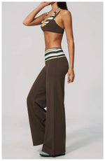 Fake Two-piece Sports Bra Yoga Sets Women Coffee Striped Patchwork Folding High Waist Wide Leg Pants Gym Running Fitness Suits