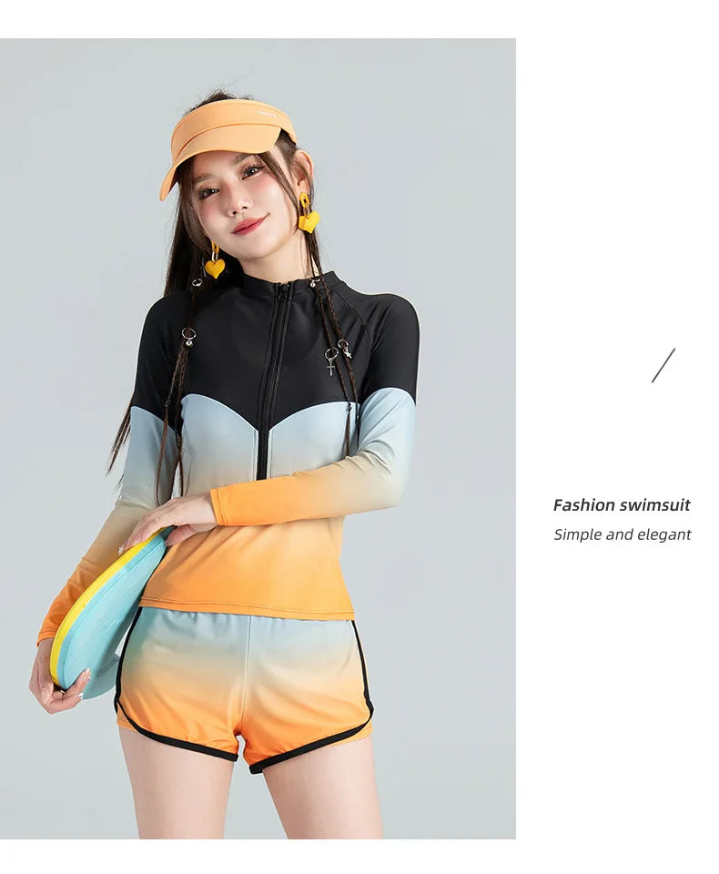 Long Sleeve Rash Guard Women Colorblock Two Piece Swimsuit Crop Top Swimwear High Neck Bathing Suits Zipper Surfing Suits Shorts