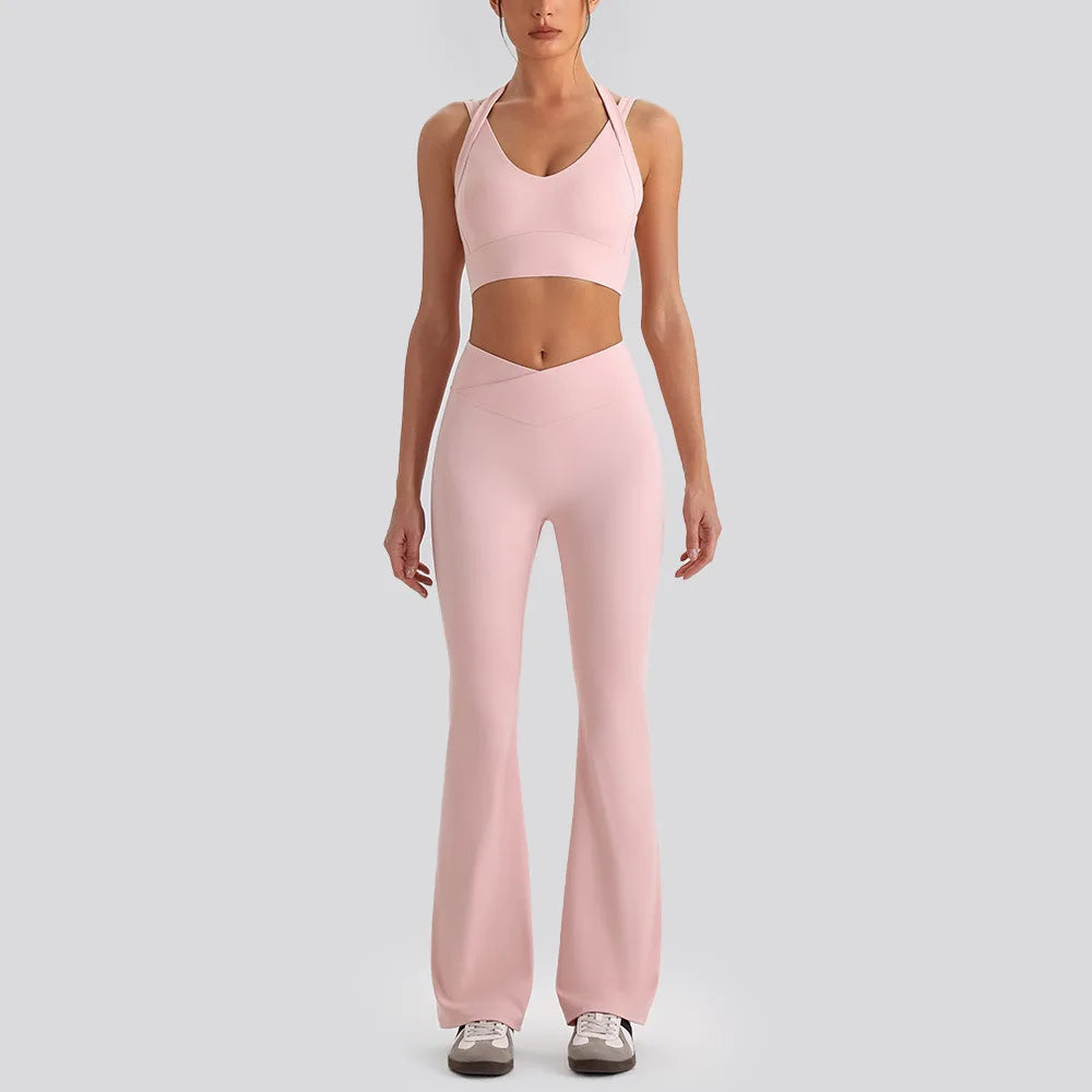 Women's Yoga Exercise Sets Women Backless Sports Tank Top V Shape High Waist Wide Leg Pants Fitness Gym Running Workout Clothes