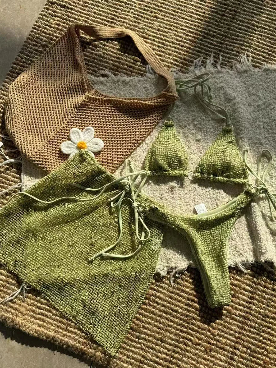 With Mesh Sarong Skirt Halter Bikini Women Swimwear Female Swimsuit Three-pieces Bikini Set Fishnet Bathing Suit Swim Beachwear