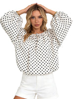 Women Puff Long Sleeve Crew Neck Spring Fall Tops Fashion Dot Print Casual Loose Fit Flowy Blouse