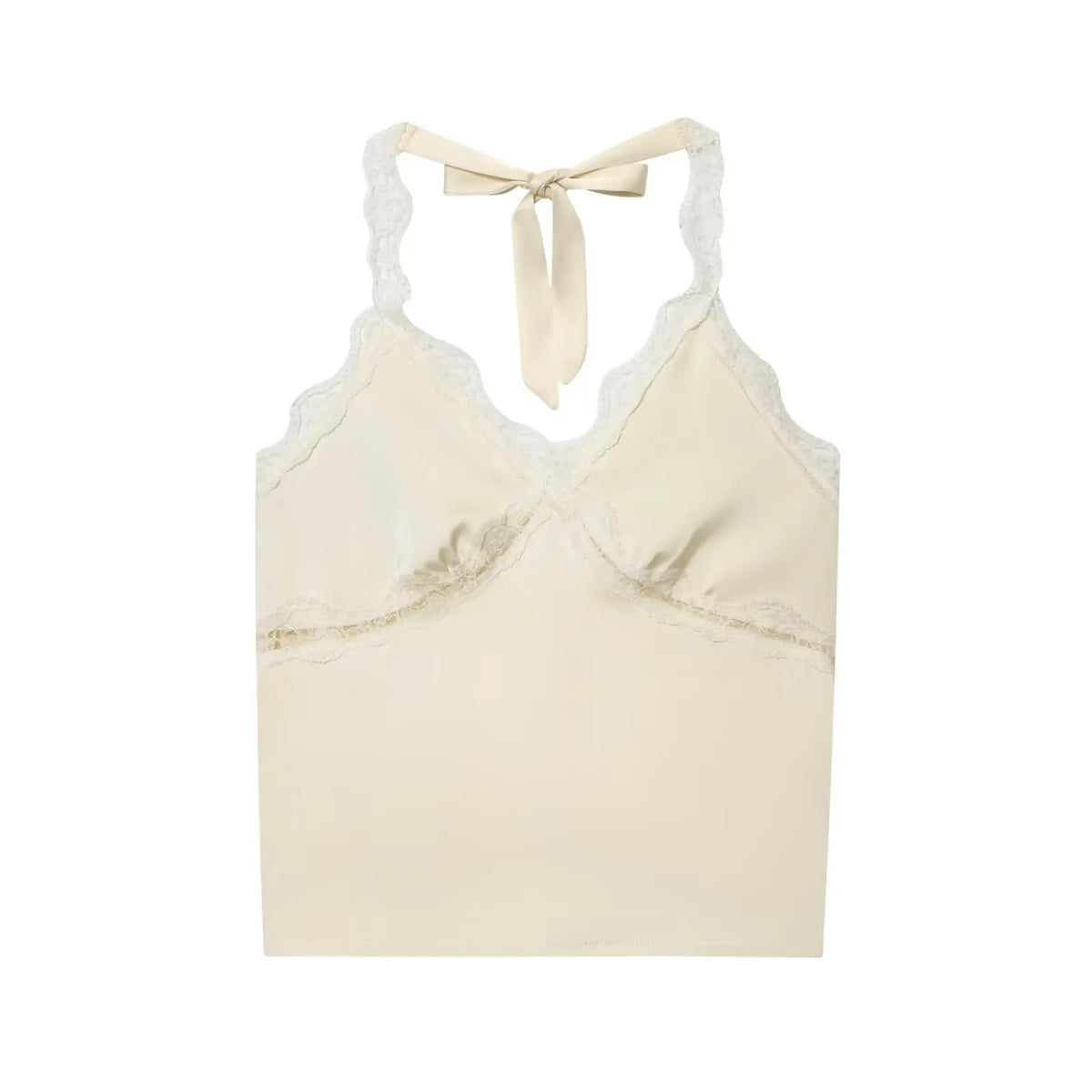 Women's Fashionable Casual Lace Halter V-Neck Double-Sided Satin Short Backless Solid Color Camisole For Woman Lace Trimmed 8BZO