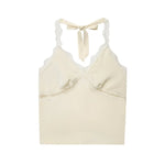 Women's Fashionable Casual Lace Halter V-Neck Double-Sided Satin Short Backless Solid Color Camisole For Woman Lace Trimmed 8BZO