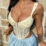 Summer White Floral Print Texture Corset Women Lace Trim Pleate Slim Fit Fishbone Tank Top Front Buckle Club Party Camiseta