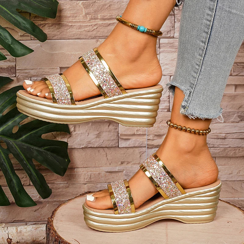 Chunky Platform Gold Sequins Sandals Women Summer Lightweight Wedges Slippers Woman Plus Size 43 Outdoor High Heel Sandles