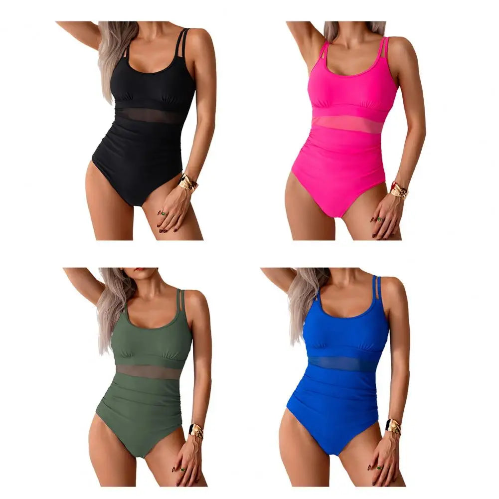 Women One-piece Swimsuit U-neck Sleeveless Backless Sexy Monokini Mesh Splicing Slim Fit Tummy Control Removable Pads Swimwear