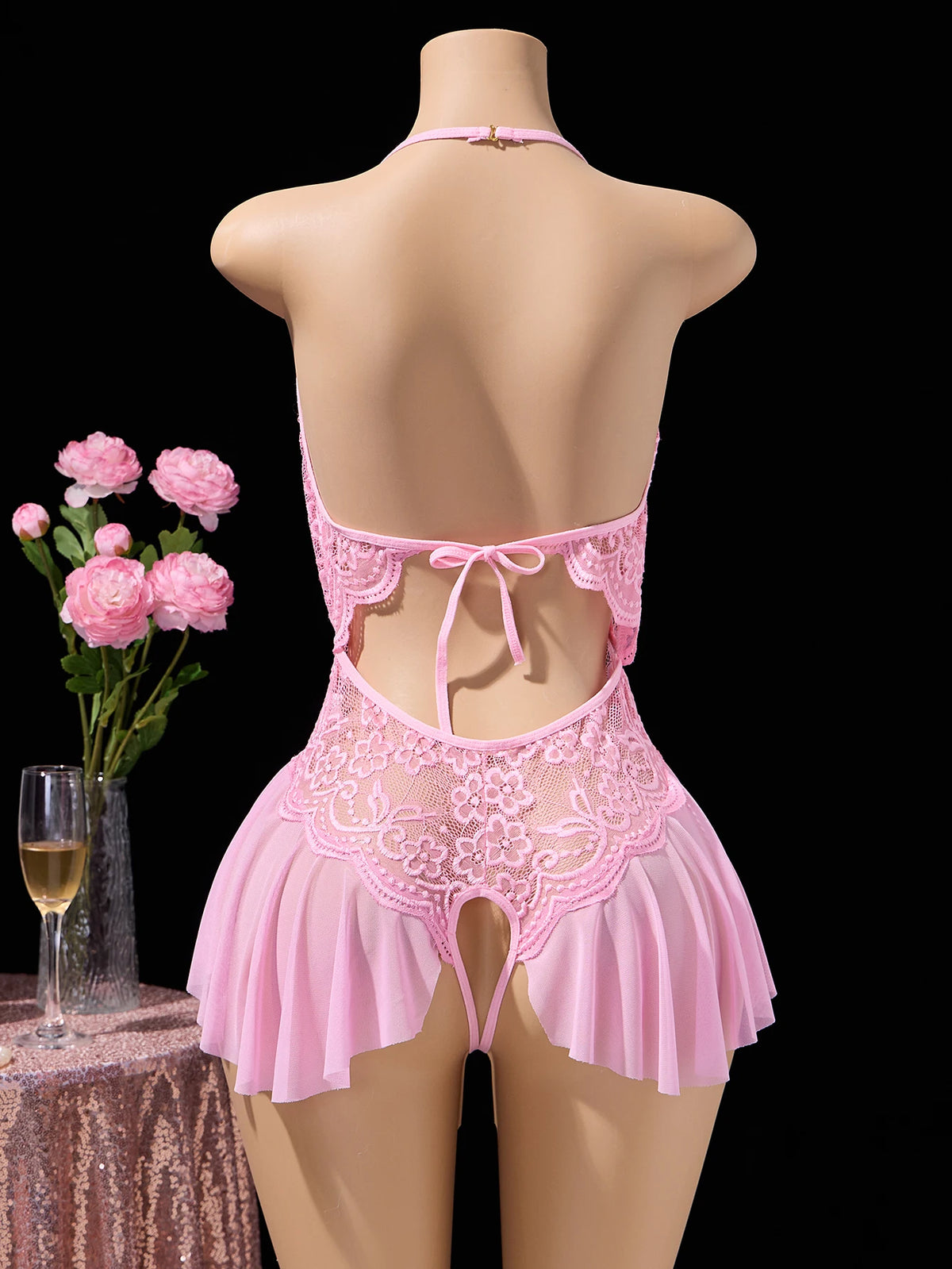 Pink Sexy Lingerie Women Hollow Open BodysuitAdult Apparel Teddy Crotchless Erotic Underwear One Piece V-neck Hot Lace Pajamas