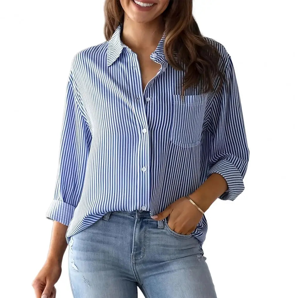 Women Shirt Lapel Long Sleeve Women's Shirts Single Breasted Shirt Tops with Patch Pocket Office Tops