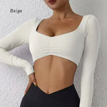 DIAS FIT JOY Nylon Gym Top Yoga Long Sleeved T-Shirt Tight Pleated Sports Top Women's Waist Tight Yoga Top