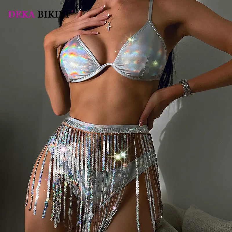 DEKA Shiny Sequins Tassels Bikini Set 3 Pcs Bathing Suit Multi Solid Color Lace Up Halter Neck Swimming Backless Swimsuit