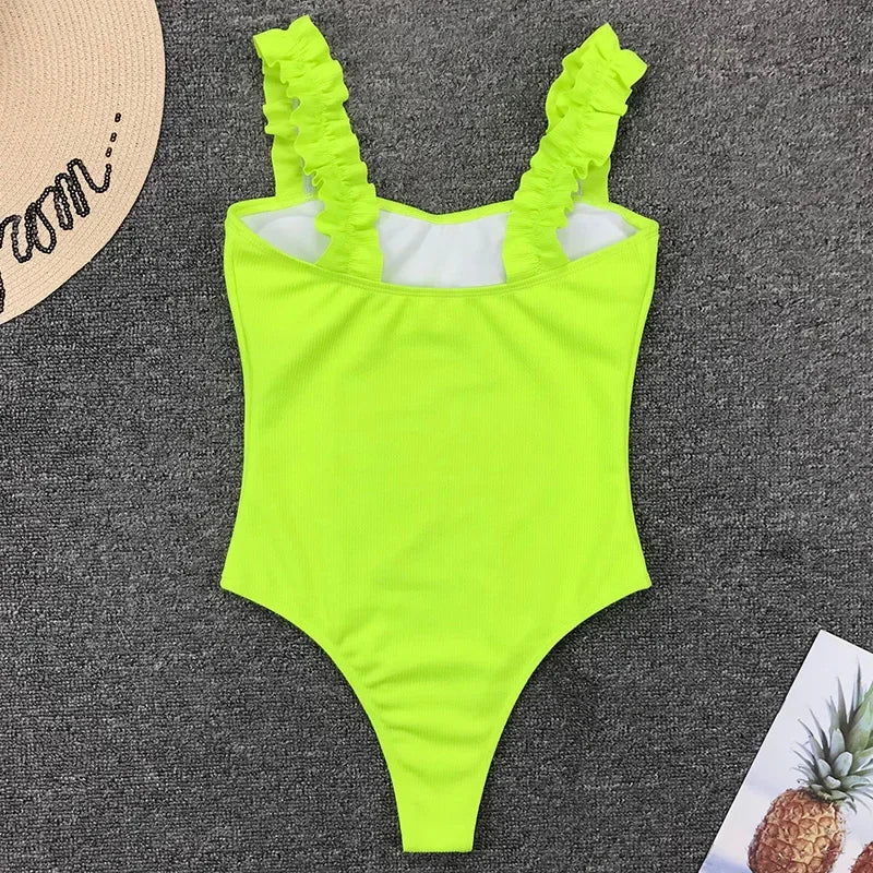 Sexy White Frill Trim Ruffled Ribbed Female Swimwear One Piece Swimsuit Women Monokini High Cut Bather Bathing Suit Swim Lady