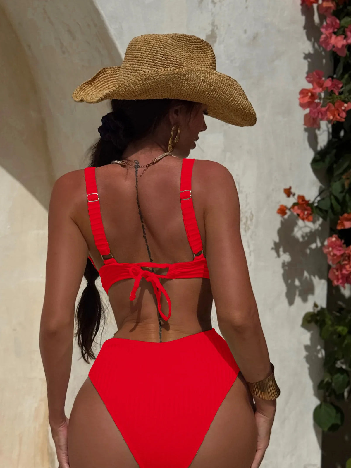 DEKA Sexy Ribbed One Piece Swimsuit Hollow Out Swimwear Women Female Deep V-neck Bathing Suit Beach Wear Push Up Monokini Swim