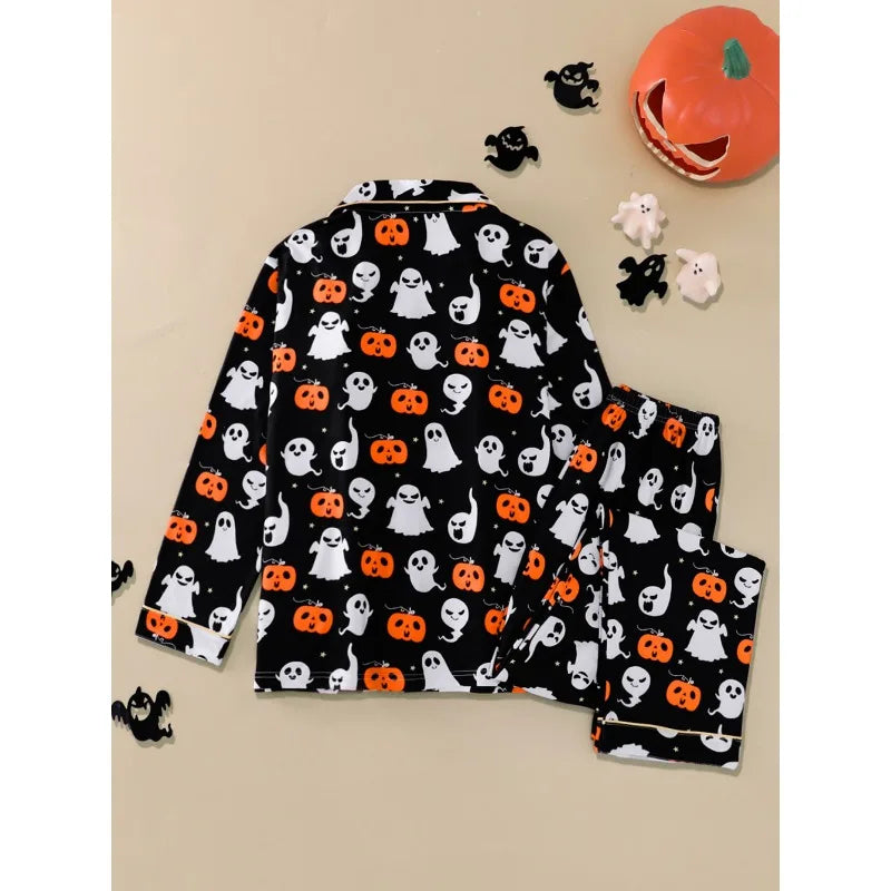 Women Halloween Pajamas Lounge Set Pumpkin/Skull Print Long Sleeve Tops and Pants 2 Piece Loungewear Outfits Clothes for Women