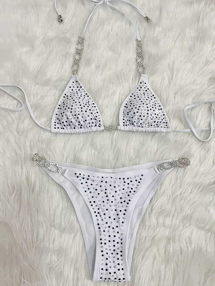 Shiny Sequins Rhinestone Bikini Women Swimwear Female Swimsuit Two-pieces Bikini set Metal Chain Halter Bather Bathing Suit Swim