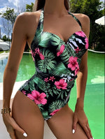 New Printed Conservative One-Piece Halter Neck Swimsuit Sexy Hard Bag Fashionable Holiday Beachwear High Waist Tie-Back Style