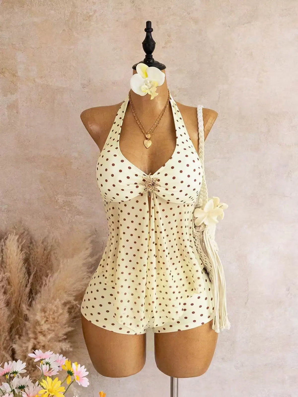 Sexy Beige Two Piece Bikini Set 2026 Women Metal Sun Ornament Mesh Tank Top High Waist Swimsuit Holiday Bathing Suit Swimwear