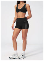 Tight Color Contrast Yoga Suit 2 Pieces Women V Neck Sports Bra Pleate High Waist Shorts Gym Running Fitness Suits Tracksuit