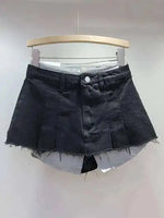 Women's Denim Skirt High Waist Pleated Patchwork Contrast Color Big Pockets Burrs A-line Mini Skirt 2026 Summer New SKIRTS 7W7E