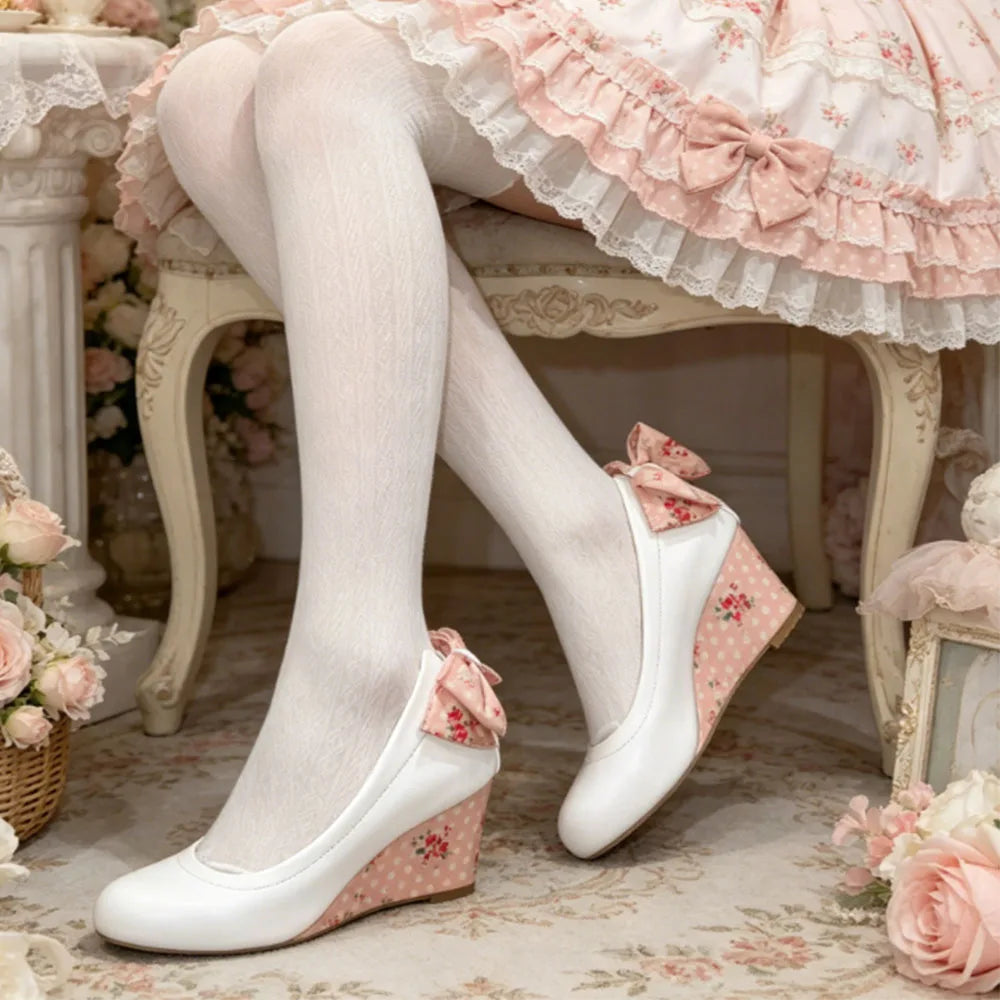 New High Heel Lolita Wedge Pumps Daily Floral Polka Dot Print Sweet Vintage Dress Heels Bow Tie Tea Party Cosplay Wedding Shoes