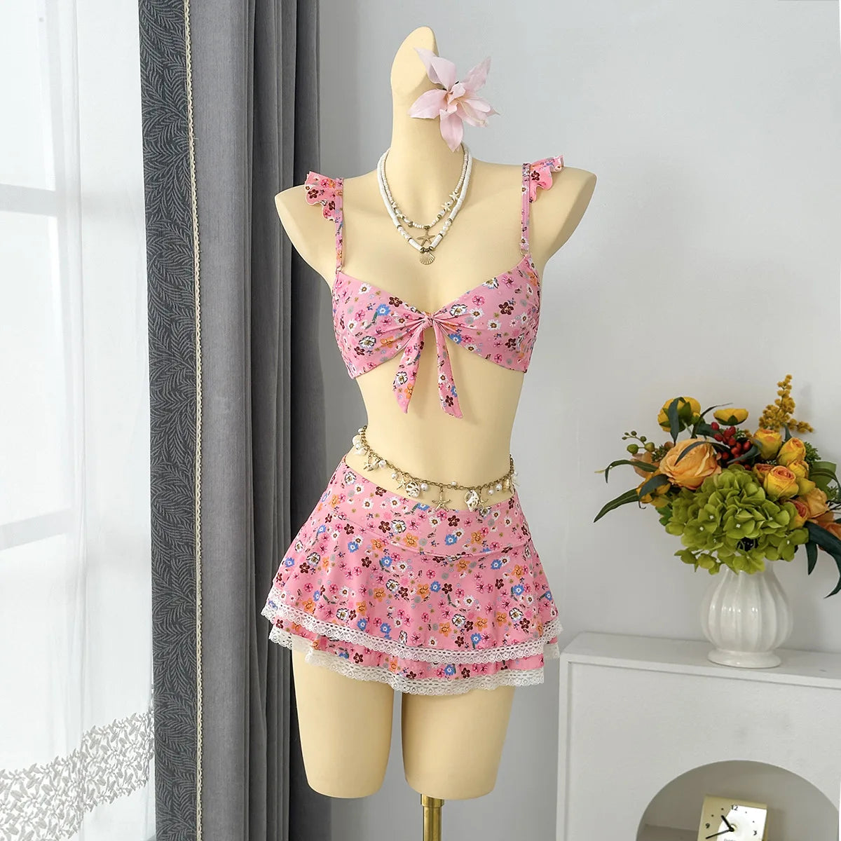 Sexy Navy Floral Print Bikinis Sets Women Front Tie Push Up Bra Holiday Swimsuit 2026 Bathing Suit Lace Ruffles Skirt Swimwear