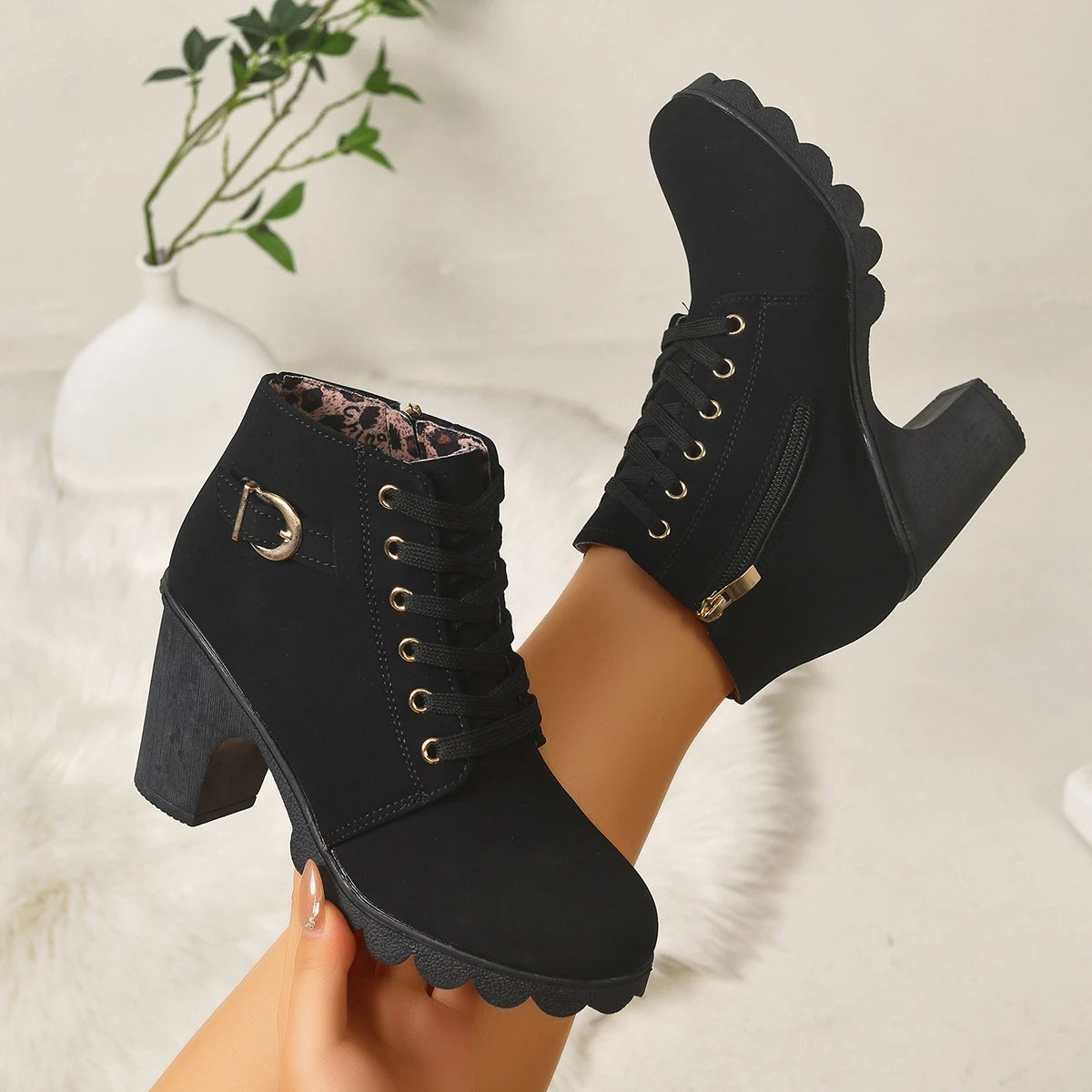 Women Lace‑Up Ankle Boots Metal Buckle Decor Side Zipper Chunky Block Heel Lug Sole Combat Short Booties Fall Winter Large Size