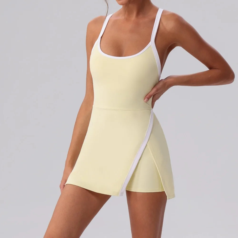 Color Contrast Tennis Dresses Women Beautiful Back Hollow Back Cross Split Skirt Pocket Sports Fitness One-piece Yoga Golf Suit