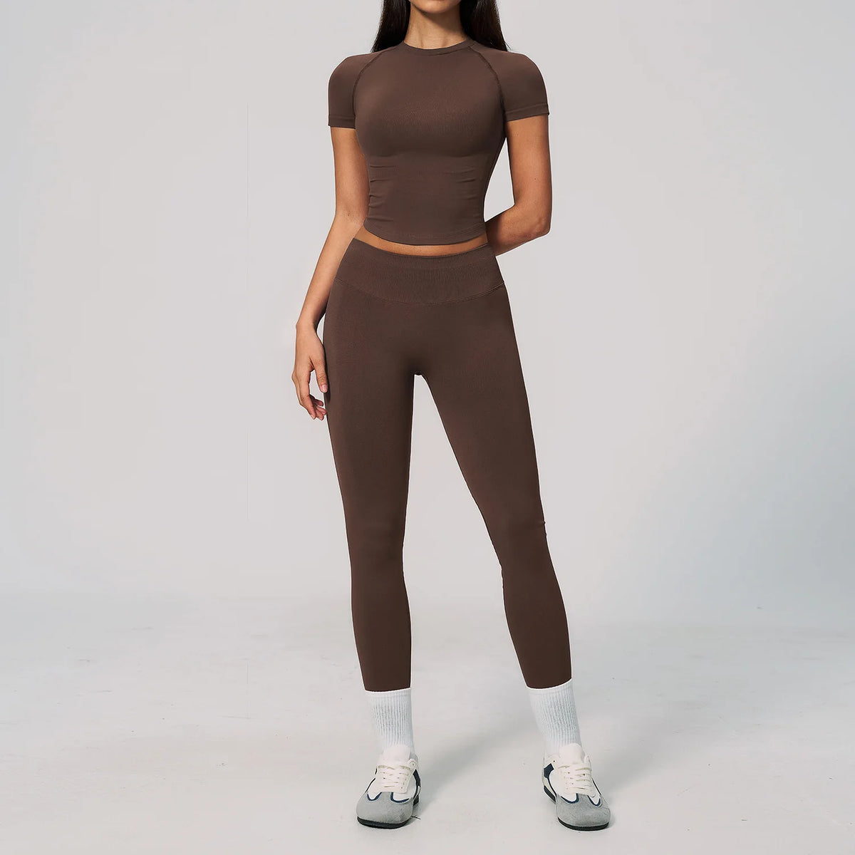 2PCS Women's Tracksuit Seamless Yoga Set Short Sleeve O Neck Workout T Shirts Fitness Suit Tight Hip Lifting Leggings Gym Sets