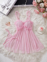 Women Perspective Mesh Nightdress Bow Wrapped Around Chest Pink Sexy Babydoll With Thong Erotic Sexy Lingerie Valentine Day Gift