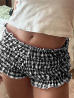Women Summer Ruffle Shorts Casual Plaid Print Elastic Waist Short Pants for Beach Nightclub Bloomers Streetwear