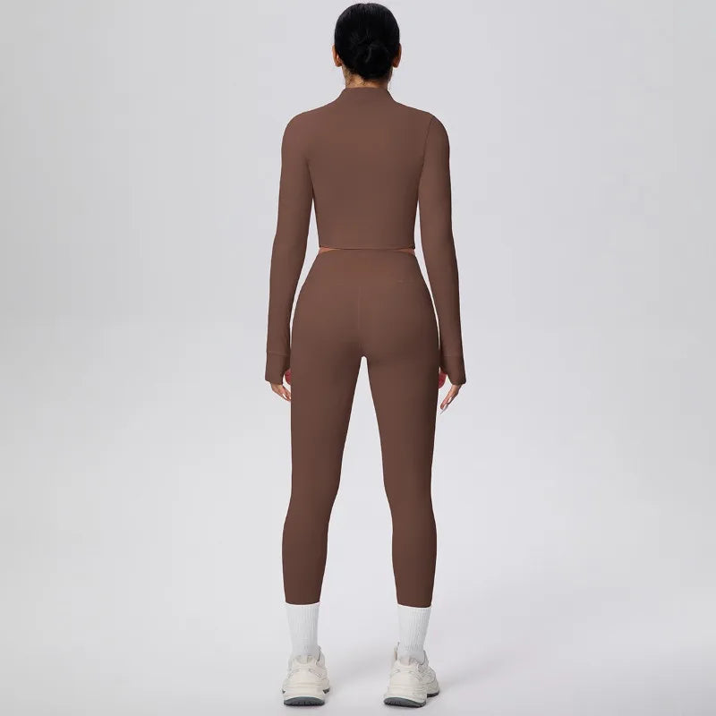 New Women Yoga Set Solid Color Double-Sided Brushed Bare Feel Short Long-Sleeve Jacket Tight Pants Running Fitness 2-Piece Set