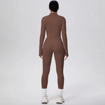 New Women Yoga Set Solid Color Double-Sided Brushed Bare Feel Short Long-Sleeve Jacket Tight Pants Running Fitness 2-Piece Set