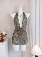Women's CasualBeach Cover Ups Brown Deep V Neck Pleate Lace Short Dress Spring & Fall Vacation Sun Protection Smock