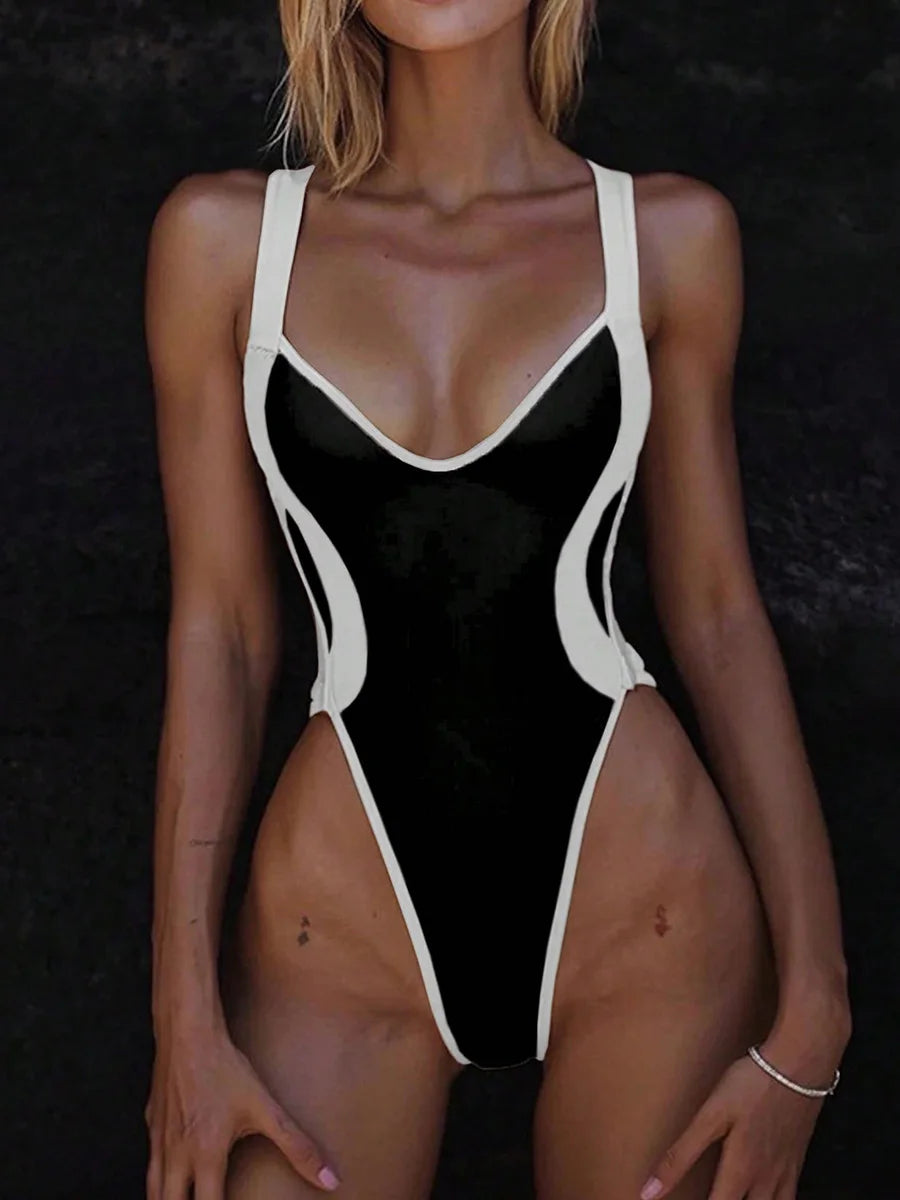 Splicing V Neck Cross Backless Women Thong Swimwear One Piece Swimsuit Female Monokini High Leg Cut Bathing Suit Swim Beach Wear