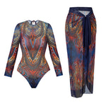 Vintage Blue Ethnic Print One Piece Swimsuit Mesh Long Skirt Set 2026 Women Long Sleeve Slim Fit Swimwear Summer Bathing Suits